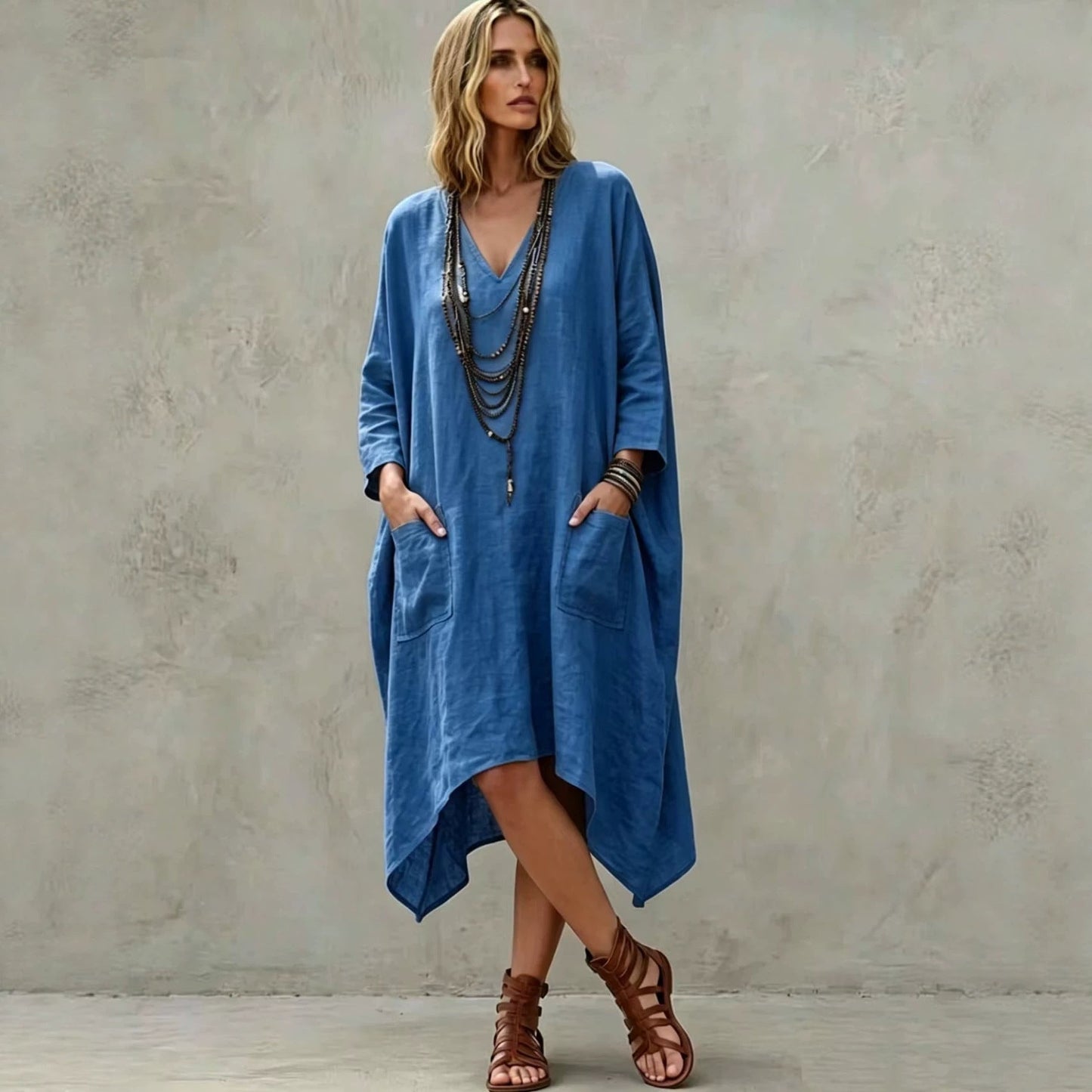 Linen Blend V-Neck 3/4 Sleeve Irregular Hem Midi Dress With Side Pockets