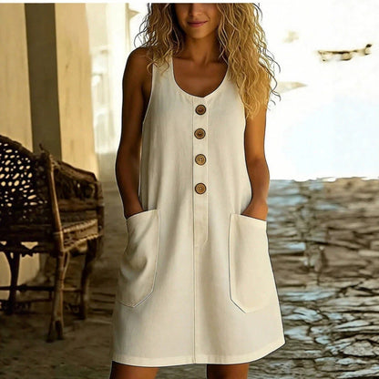 Cotton-Linen Button-Front A-Line Mini Dress
