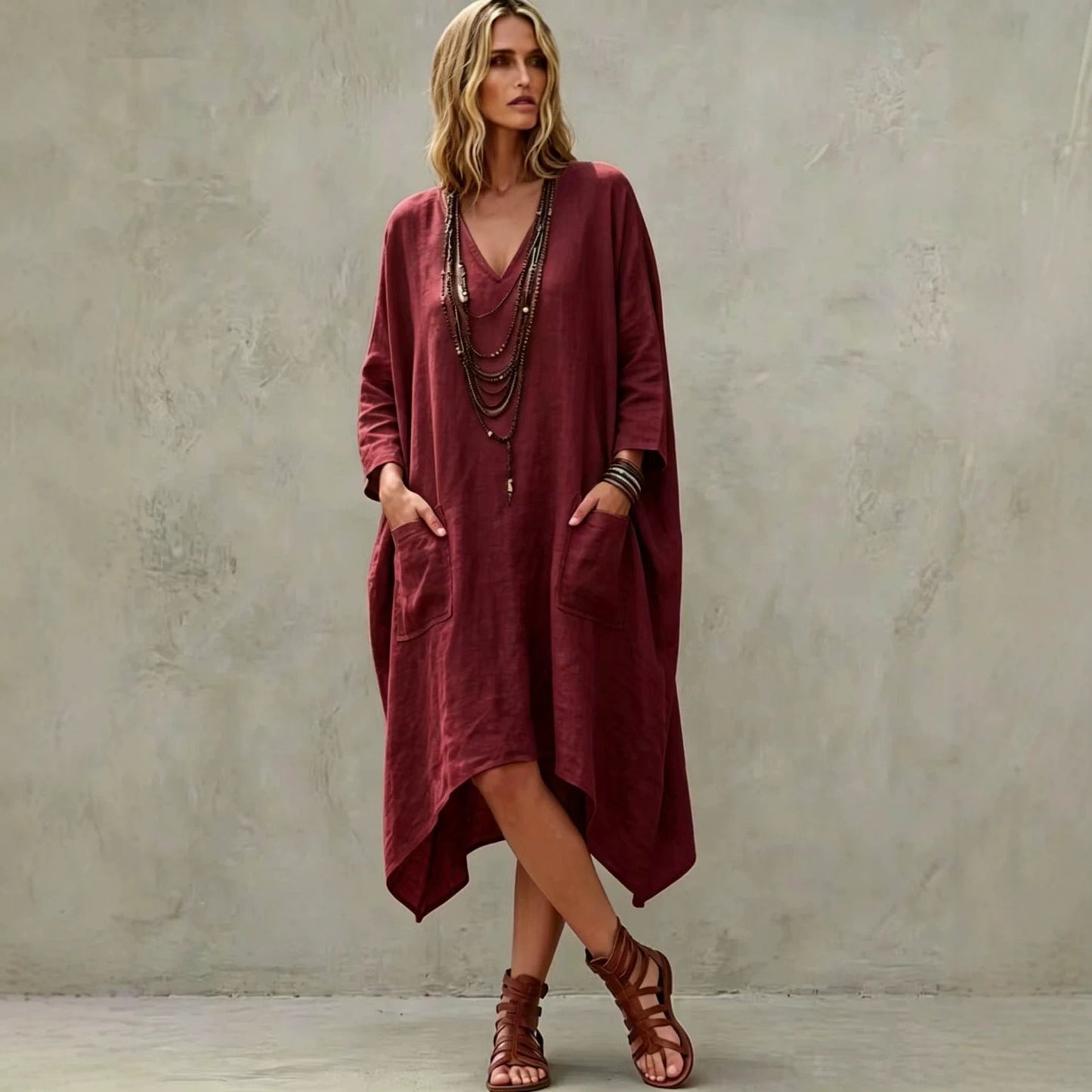 Linen Blend V-Neck 3/4 Sleeve Irregular Hem Midi Dress With Side Pockets