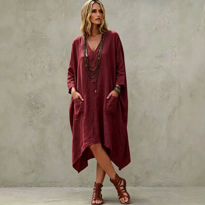 Linen Blend V-Neck 3/4 Sleeve Irregular Hem Midi Dress With Side Pockets