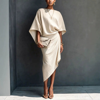 Linen Oversized Dolman Wrap Asymmetric Midi Dress