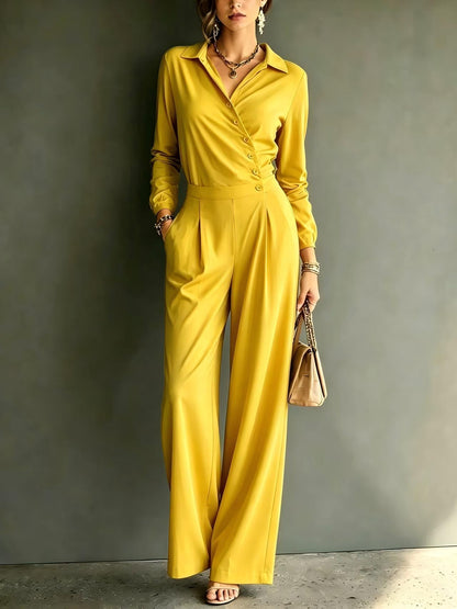 Asymmetric Wrap Shirt Wide Leg Pleated Jumpsuit