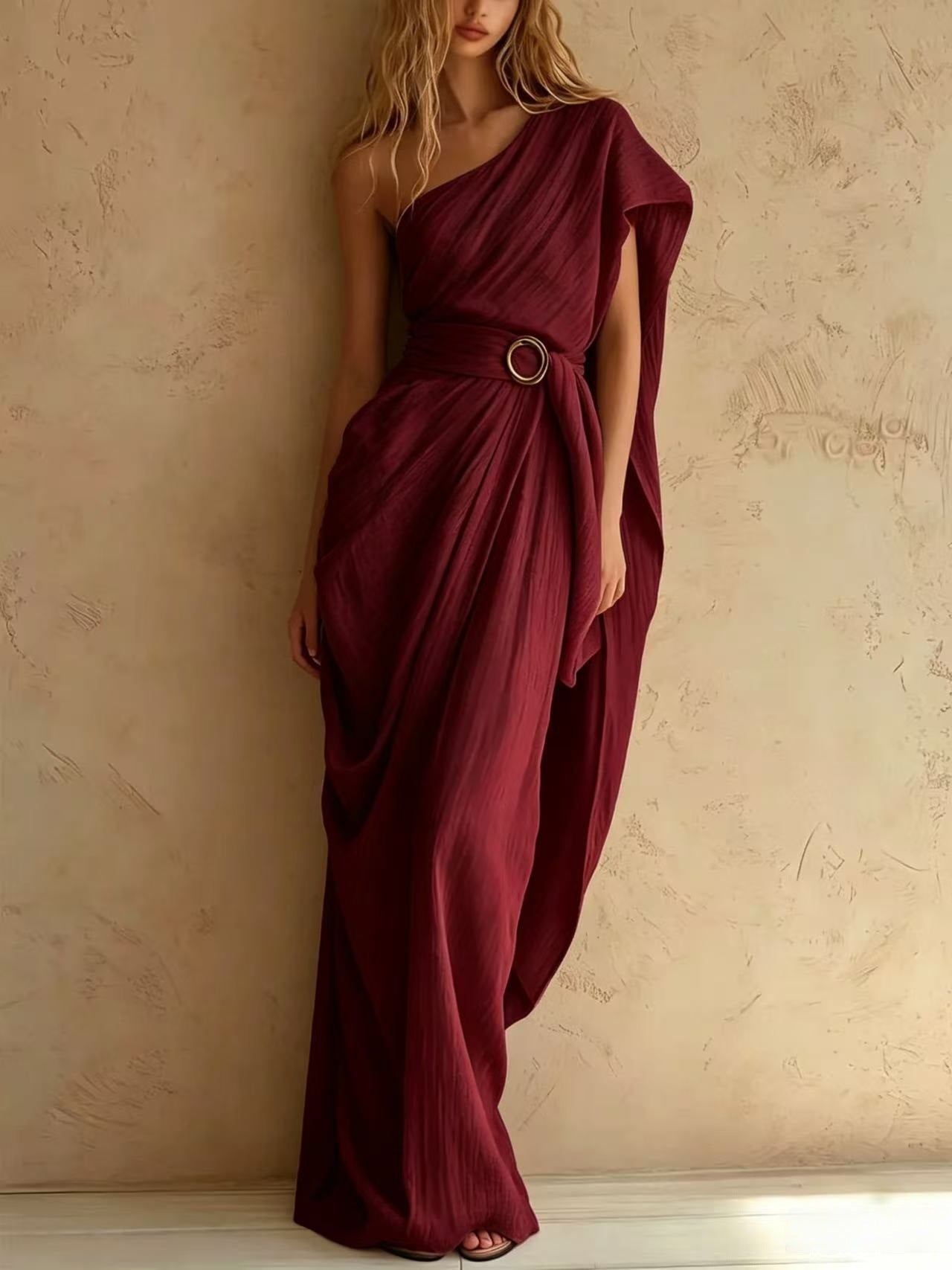 One-Shoulder Draped Belted Maxi Dress