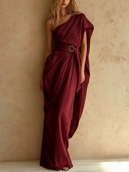 One-Shoulder Draped Belted Maxi Dress