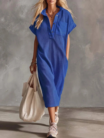 Waffle Knit Collared Midi Shirt Dress | Casual Loose Pocket Summer Dress