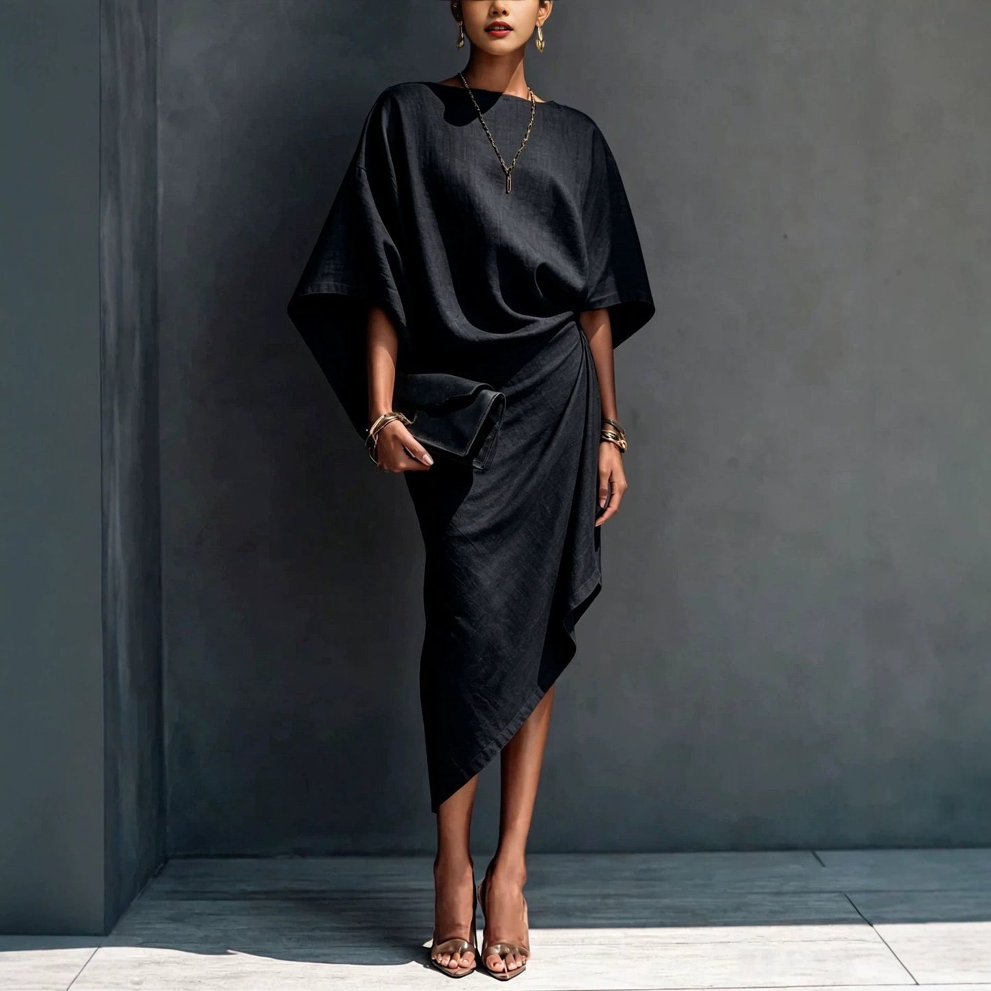 Linen Oversized Dolman Wrap Asymmetric Midi Dress