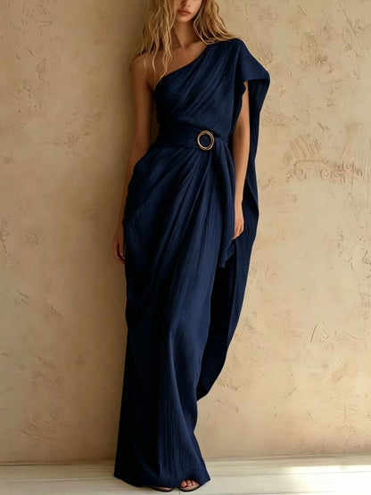 One-Shoulder Draped Belted Maxi Dress