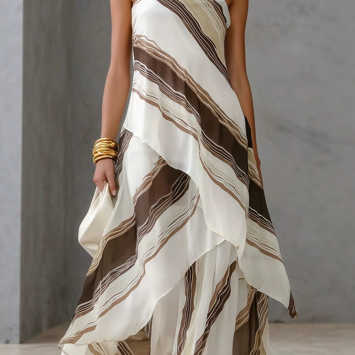 Neutral Diagonal Stripe Strapless Tiered Chiffon Maxi Dress
