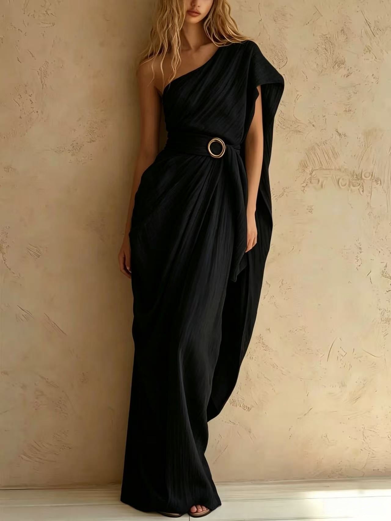 One-Shoulder Draped Belted Maxi Dress