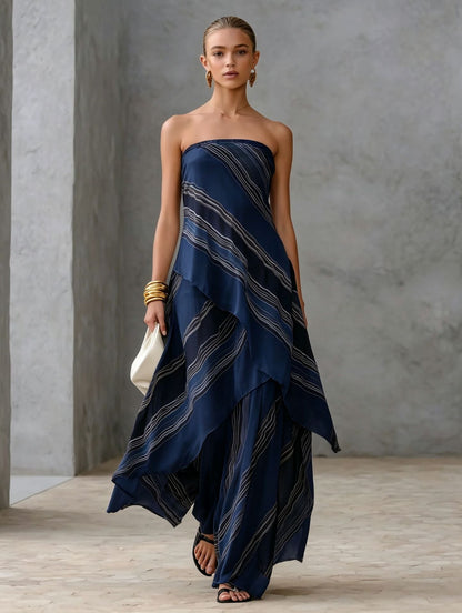 Neutral Diagonal Stripe Strapless Tiered Chiffon Maxi Dress
