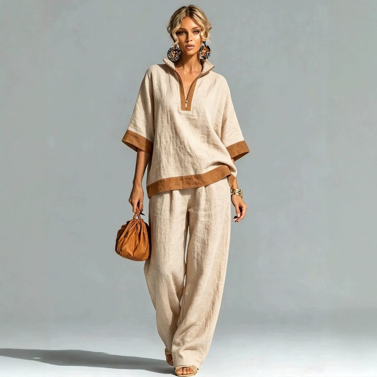 Linen Contrast Brown Trim Half Zip Collar Loose Two Piece Wide Leg Pant Set