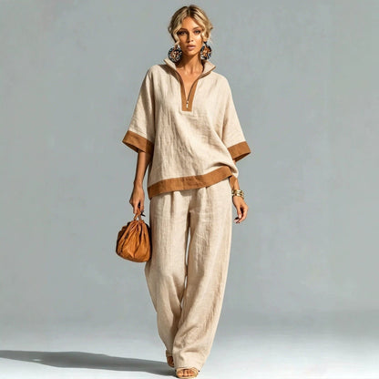 Linen Contrast Brown Trim Half Zip Collar Loose Two Piece Wide Leg Pant Set