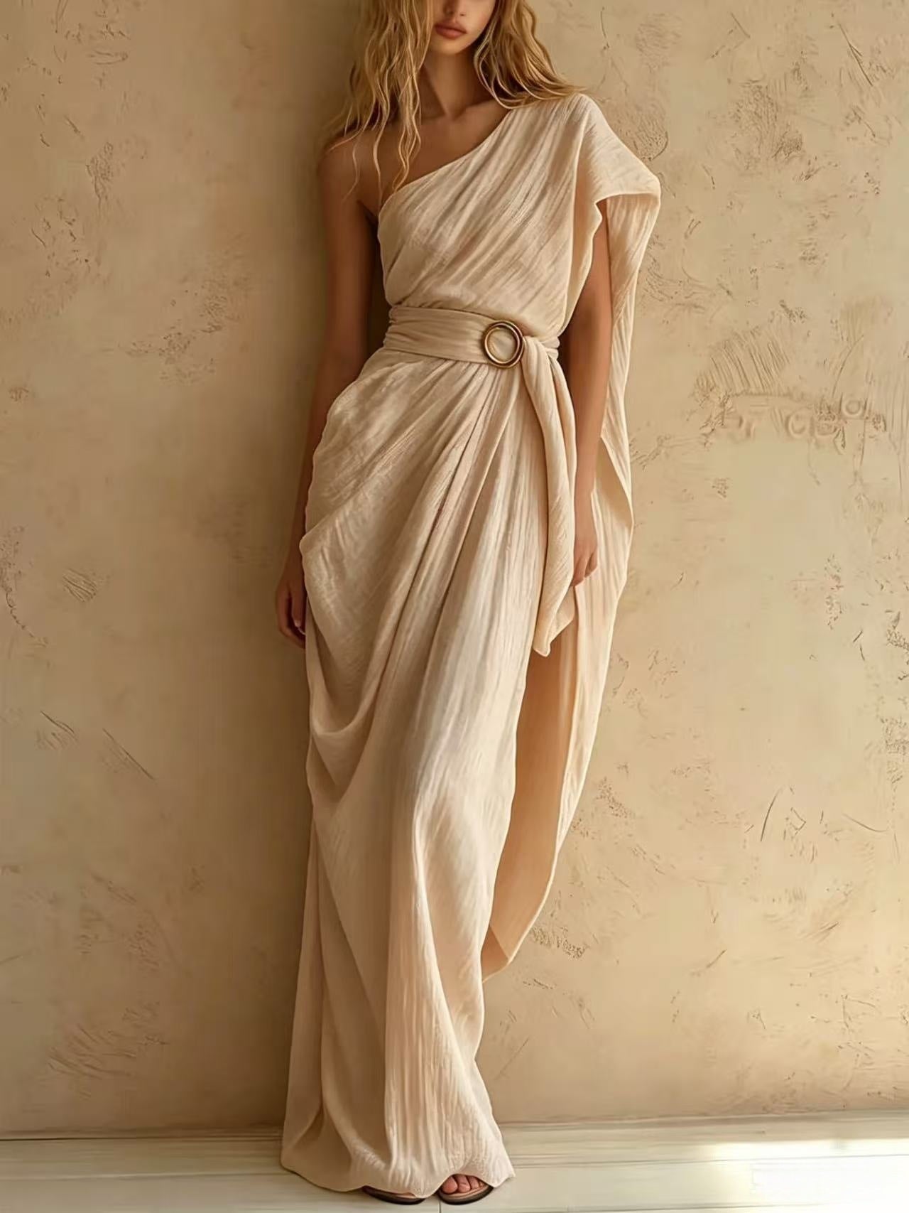 One-Shoulder Draped Belted Maxi Dress