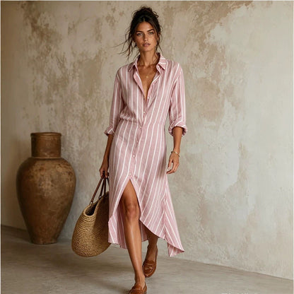 Vertical Stripe Linen Shirt Asymmetrical High Low Midi Dress