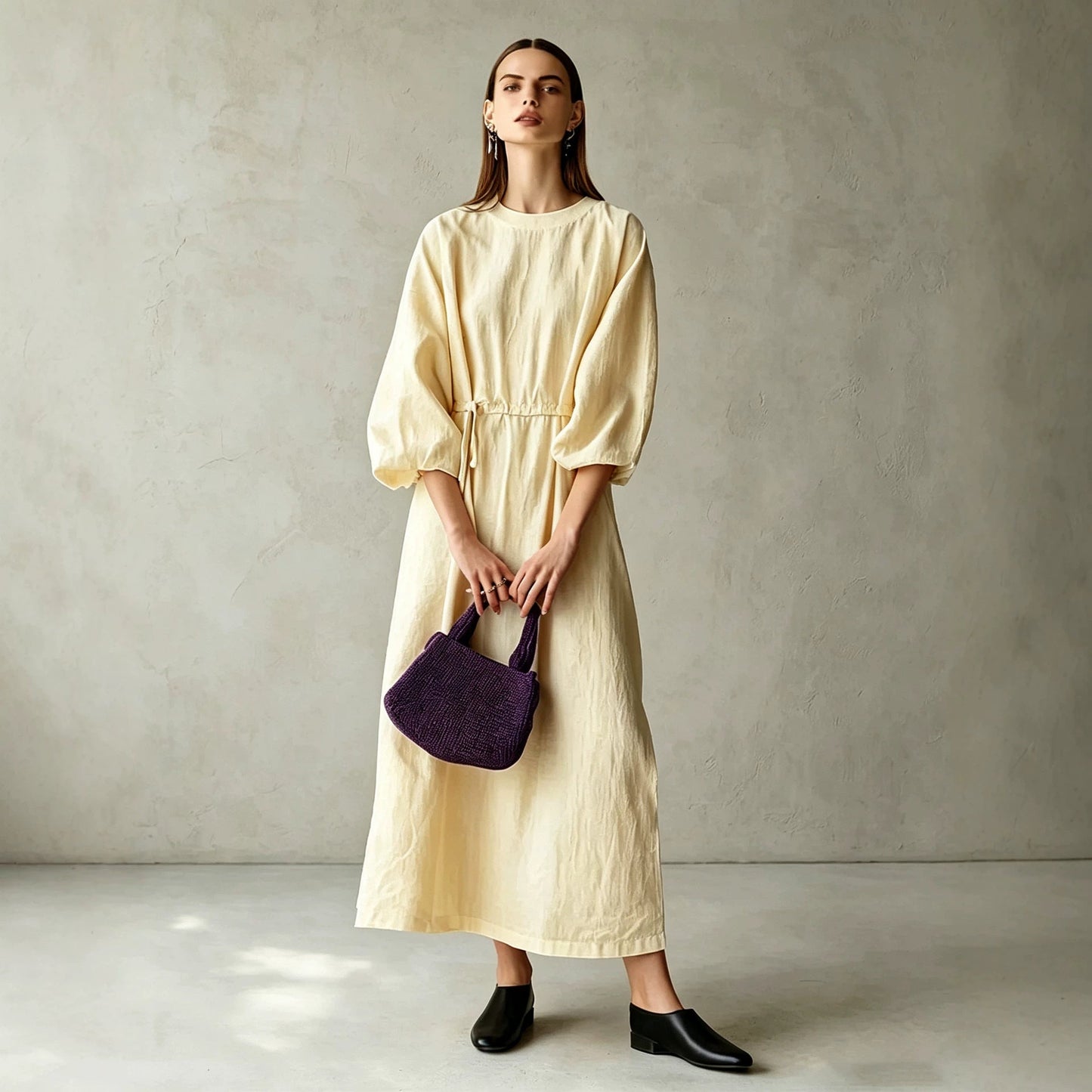 Women's Cream Textured Cotton-Blend Maxi Gown With Drop Shoulder Lantern Sleeves & Self Tie Waist Detail, Modern Effortless-Chic Everyday Maxi Dress