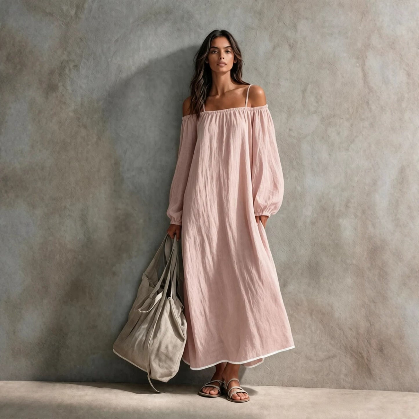 Linen Off Shoulder Bubble Sleeve Spaghetti Strap Maxi Tent Dress