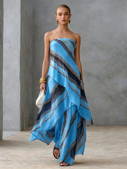 Neutral Diagonal Stripe Strapless Tiered Chiffon Maxi Dress