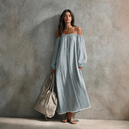 Linen Off Shoulder Bubble Sleeve Spaghetti Strap Maxi Tent Dress