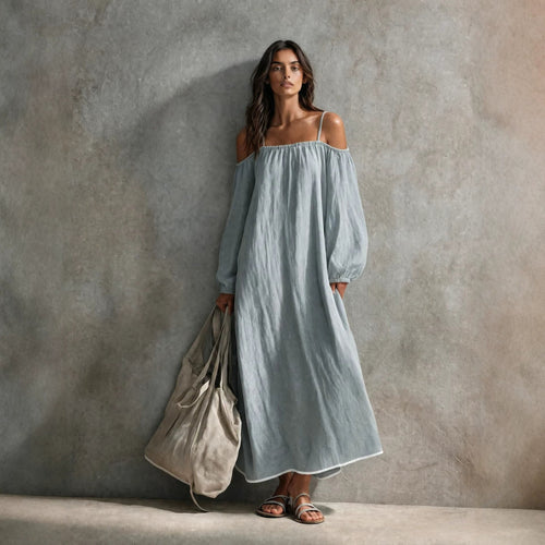Linen Off Shoulder Bubble Sleeve Spaghetti Strap Maxi Tent Dress