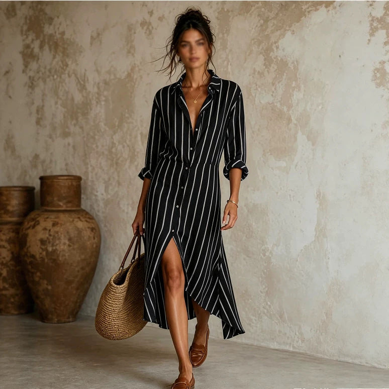 Vertical Stripe Linen Shirt Asymmetrical High Low Midi Dress