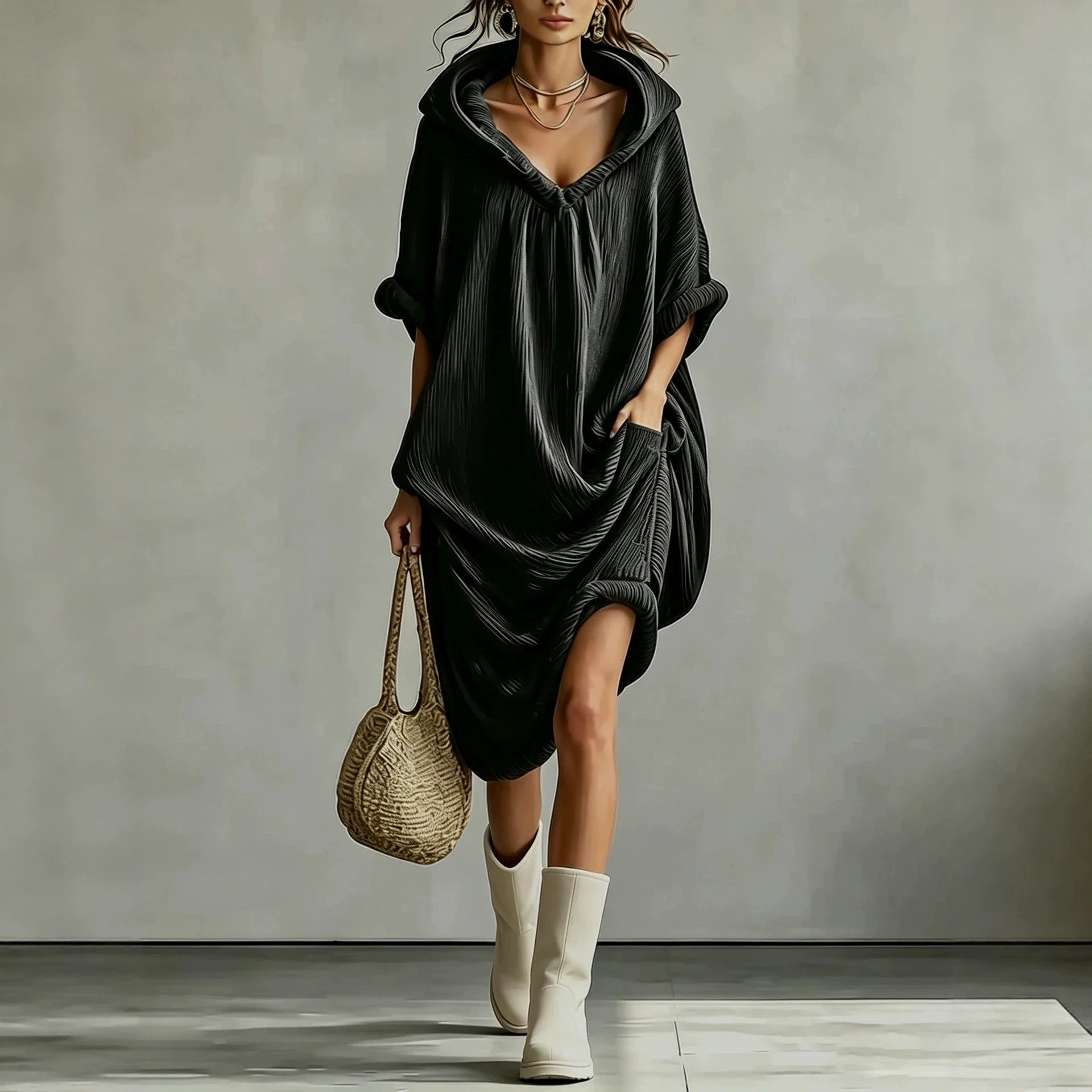 Hooded Crinkle Oversized Midi Dress