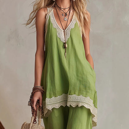 White Lace-Trim Tunic & Ruffle Pants Set