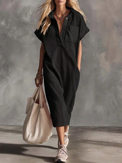 Waffle Knit Collared Midi Shirt Dress | Casual Loose Pocket Summer Dress