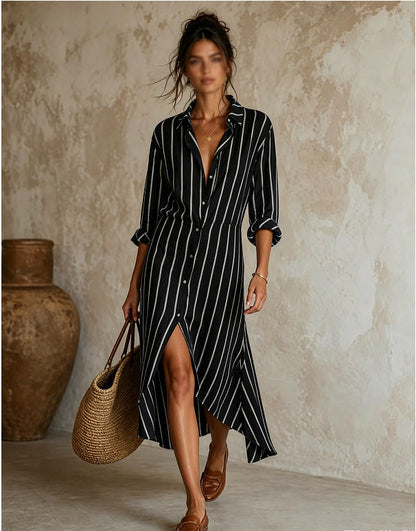 Vertical Stripe Linen Shirt Asymmetrical High Low Midi Dress
