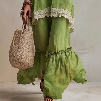 White Lace-Trim Tunic & Ruffle Pants Set