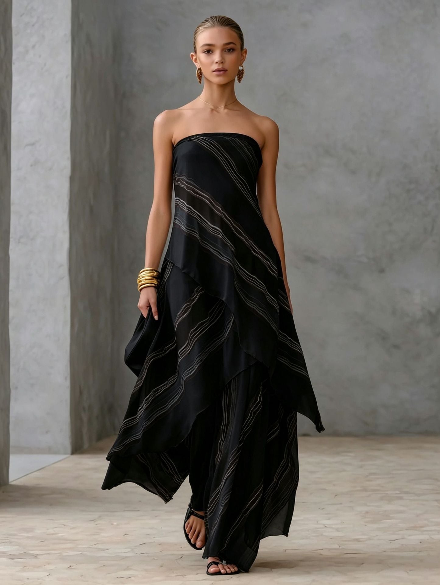 Neutral Diagonal Stripe Strapless Tiered Chiffon Maxi Dress