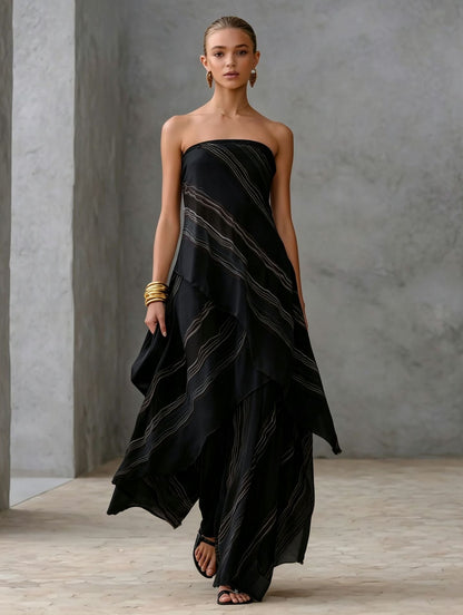 Neutral Diagonal Stripe Strapless Tiered Chiffon Maxi Dress