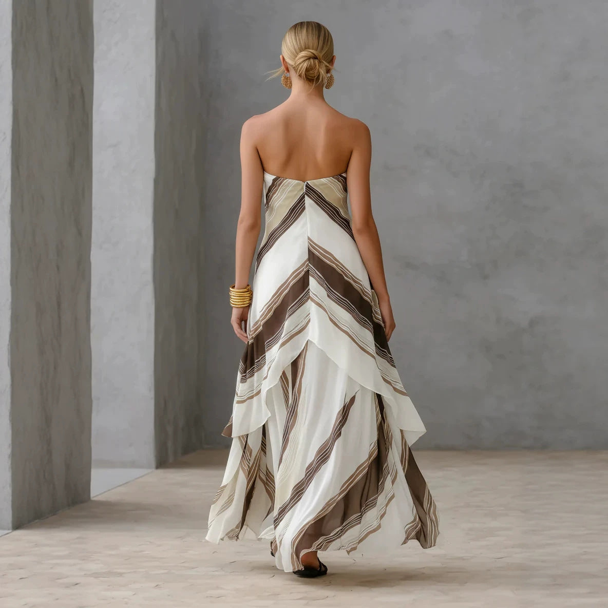 Neutral Diagonal Stripe Strapless Tiered Chiffon Maxi Dress