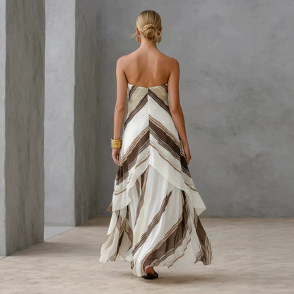 Neutral Diagonal Stripe Strapless Tiered Chiffon Maxi Dress