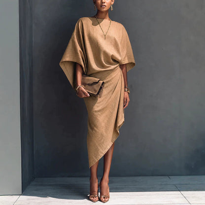 Linen Oversized Dolman Wrap Asymmetric Midi Dress