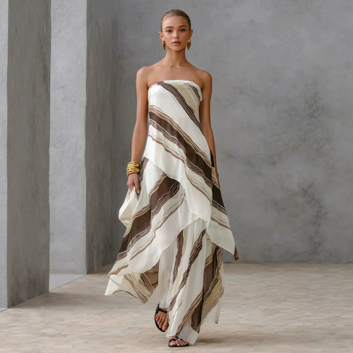 Neutral Diagonal Stripe Strapless Tiered Chiffon Maxi Dress