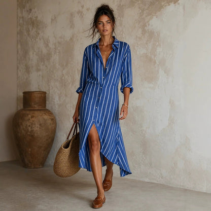 Vertical Stripe Linen Shirt Asymmetrical High Low Midi Dress