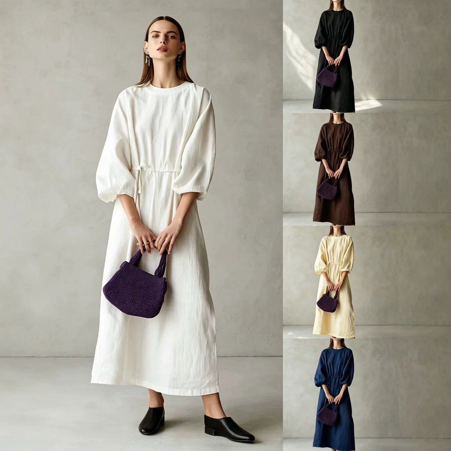 Women's Cream Textured Cotton-Blend Maxi Gown With Drop Shoulder Lantern Sleeves & Self Tie Waist Detail, Modern Effortless-Chic Everyday Maxi Dress