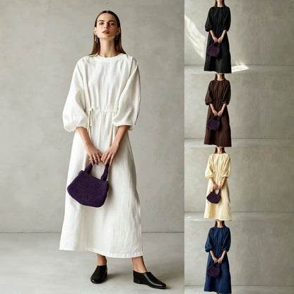 Women's Cream Textured Cotton-Blend Maxi Gown With Drop Shoulder Lantern Sleeves & Self Tie Waist Detail, Modern Effortless-Chic Everyday Maxi Dress
