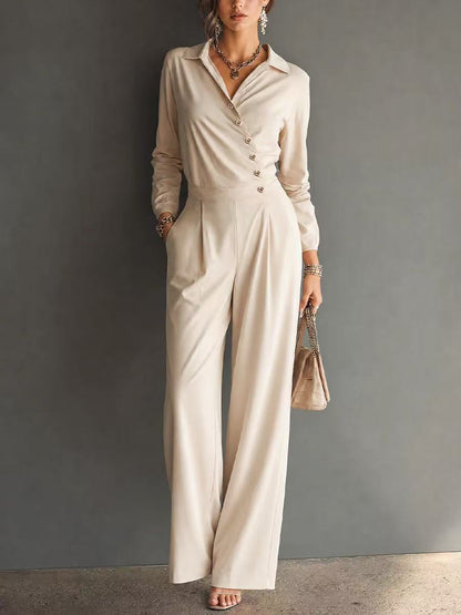 Asymmetric Wrap Shirt Wide Leg Pleated Jumpsuit