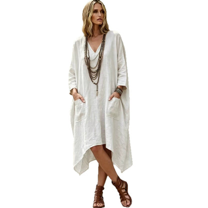Linen Blend V-Neck 3/4 Sleeve Irregular Hem Midi Dress With Side Pockets