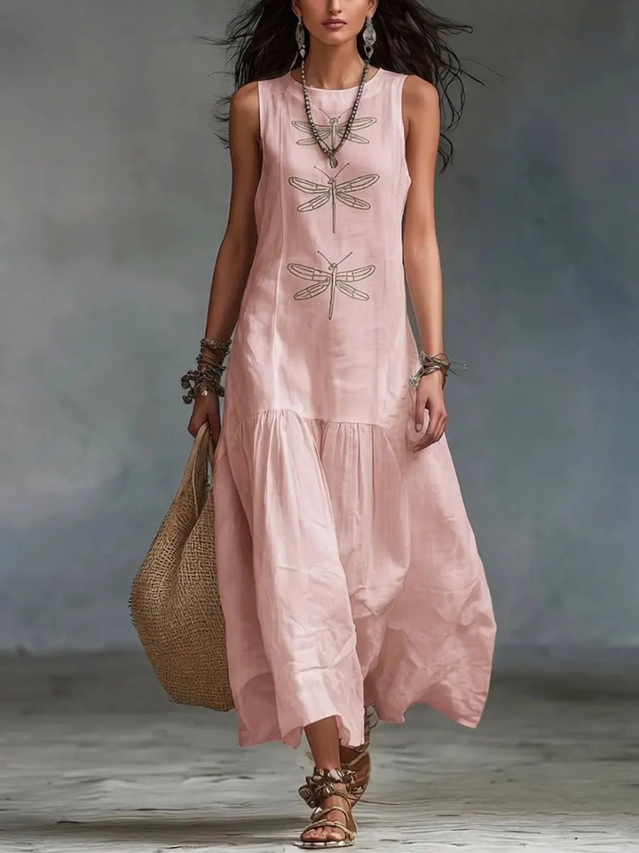 Linen Dragonfly Embroidery Sleeveless Tiered Maxi Dress
