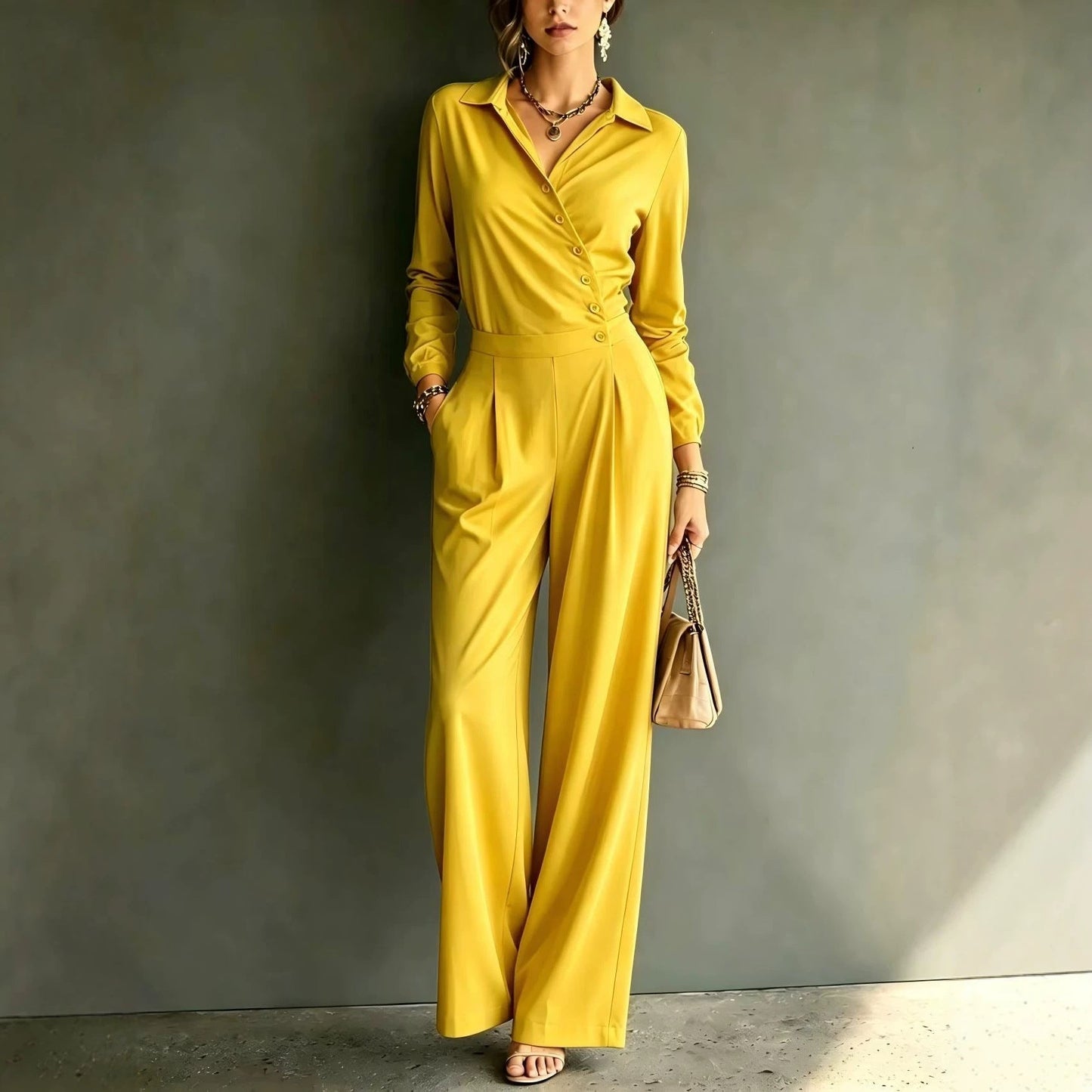 Asymmetric Wrap Shirt Wide Leg Pleated Jumpsuit