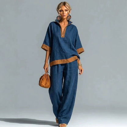 Linen Contrast Brown Trim Half Zip Collar Loose Two Piece Wide Leg Pant Set
