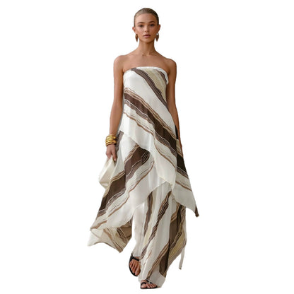 Neutral Diagonal Stripe Strapless Tiered Chiffon Maxi Dress