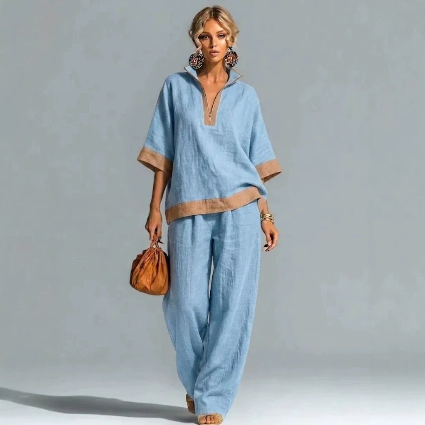 Linen Contrast Brown Trim Half Zip Collar Loose Two Piece Wide Leg Pant Set