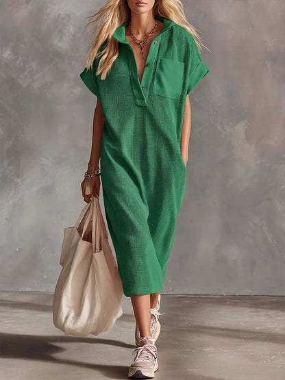 Waffle Knit Collared Midi Shirt Dress | Casual Loose Pocket Summer Dress