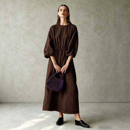 Women's Cream Textured Cotton-Blend Maxi Gown With Drop Shoulder Lantern Sleeves & Self Tie Waist Detail, Modern Effortless-Chic Everyday Maxi Dress