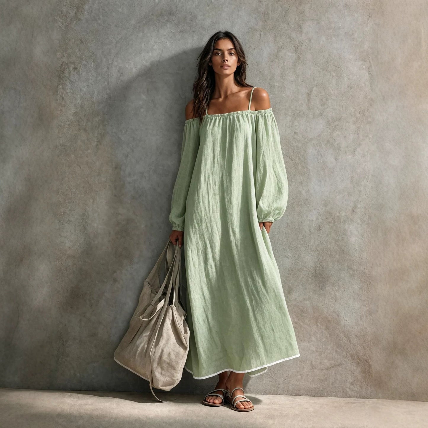 Linen Off Shoulder Bubble Sleeve Spaghetti Strap Maxi Tent Dress