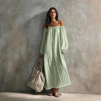 Linen Off Shoulder Bubble Sleeve Spaghetti Strap Maxi Tent Dress