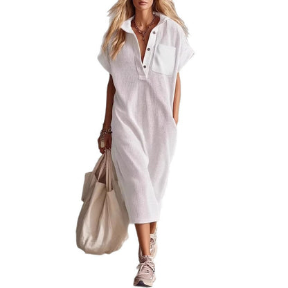 Waffle Knit Collared Midi Shirt Dress | Casual Loose Pocket Summer Dress
